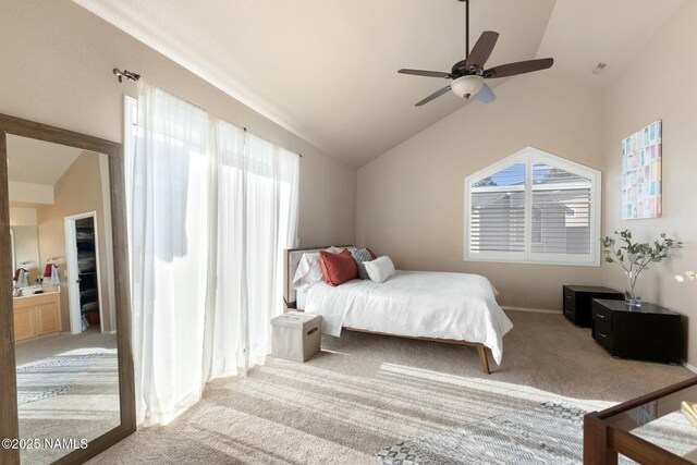 4435 E Savannah Cir, Flagstaff, AZ 86004 - carpeted bedroom with visible vents, a ceiling fan, and lofted ceiling