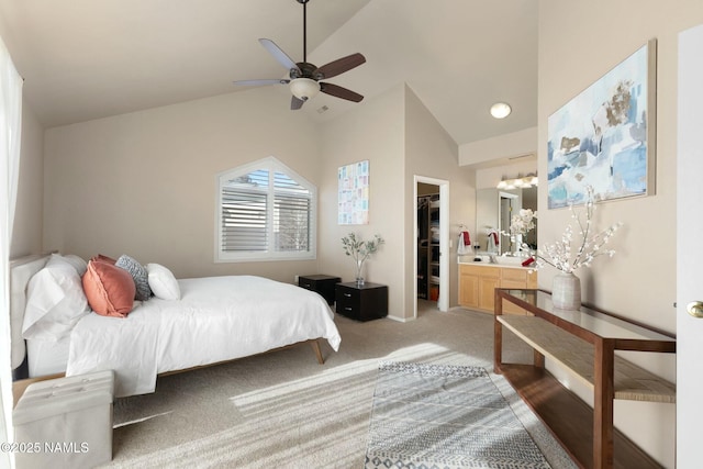 4435 E Savannah Cir, Flagstaff, AZ 86004 - bedroom with a closet, a ceiling fan, a walk in closet, vaulted ceiling, and light carpet