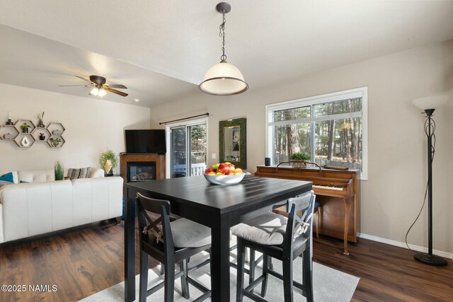 4435 E Savannah Cir, Flagstaff, AZ 86004 - dining room featuring dark wood-style flooring, baseboards, a ceiling fan, and a glass covered fireplace