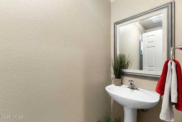 4435 E Savannah Cir, Flagstaff, AZ 86004 - bathroom with a textured wall, visible vents, a sink, and crown molding