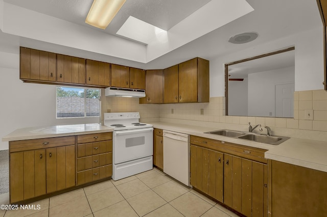 3494 N Andes Dr, Flagstaff, AZ 86004 - kitchen featuring white appliances, a sink, under cabinet range hood, light countertops, and decorative backsplash