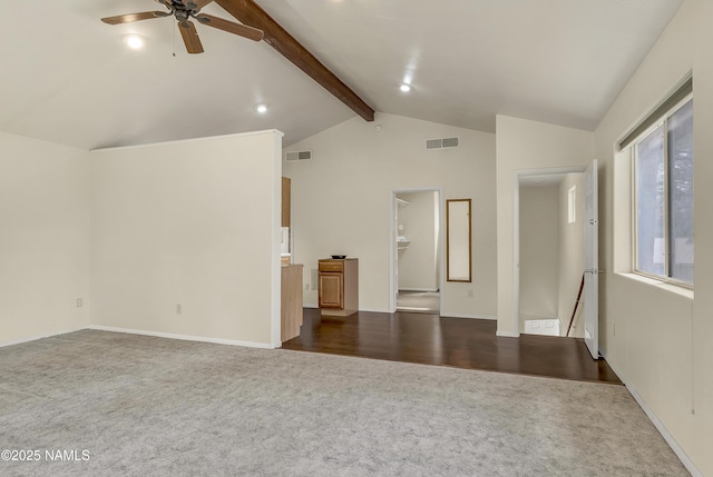 3494 N Andes Dr, Flagstaff, AZ 86004 - unfurnished living room with dark carpet, ceiling fan, and baseboards