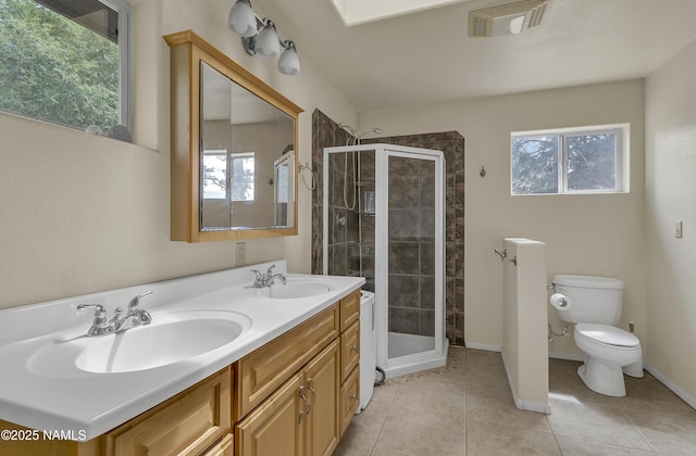 3494 N Andes Dr, Flagstaff, AZ 86004 - bathroom featuring toilet, a shower stall, double vanity, and tile patterned floors