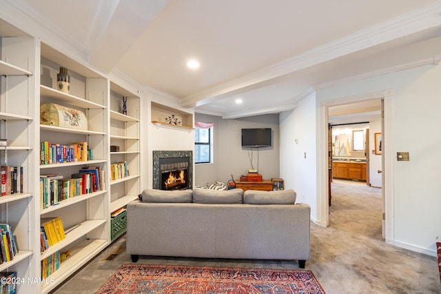 living room featuring carpet floors and ornamental molding