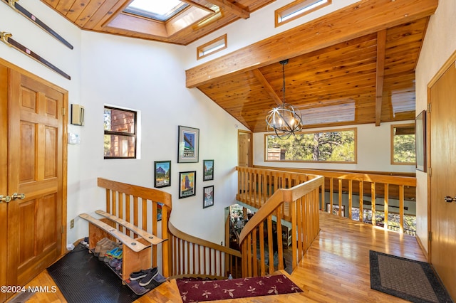 hallway with wooden ceiling, light wood-type flooring, and beam ceiling