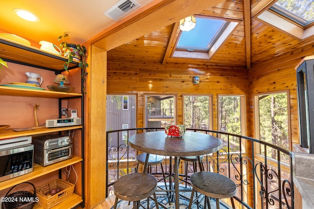 dining area with wood walls, high vaulted ceiling, a skylight, and wood ceiling