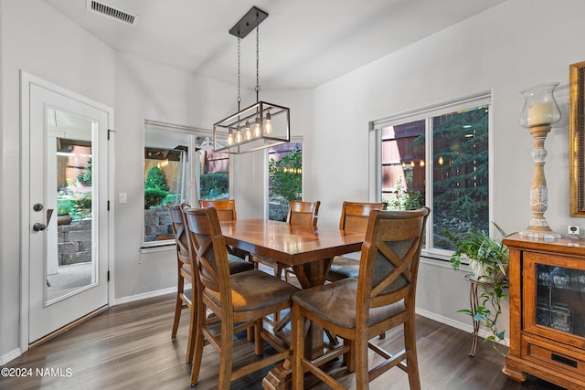 dining area with a healthy amount of sunlight and dark hardwood / wood-style floors