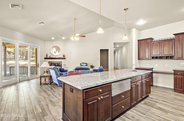 kitchen featuring hanging light fixtures, sink, light wood-type flooring, an island with sink, and lofted ceiling