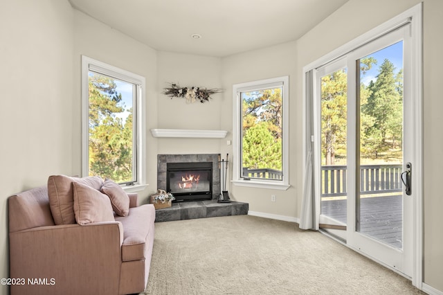 interior space featuring a tiled fireplace and plenty of natural light