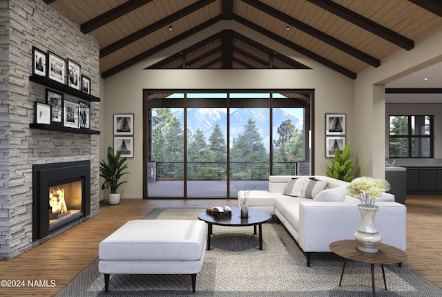 living room with wood ceiling, beamed ceiling, high vaulted ceiling, and a stone fireplace