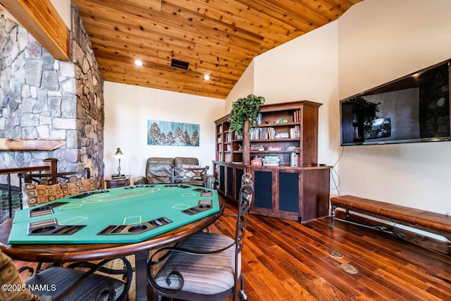 9178 N Snowbowl Ranch Rd, Flagstaff, AZ 86001 - rec room featuring wood ceiling, wood finished floors, and high vaulted ceiling