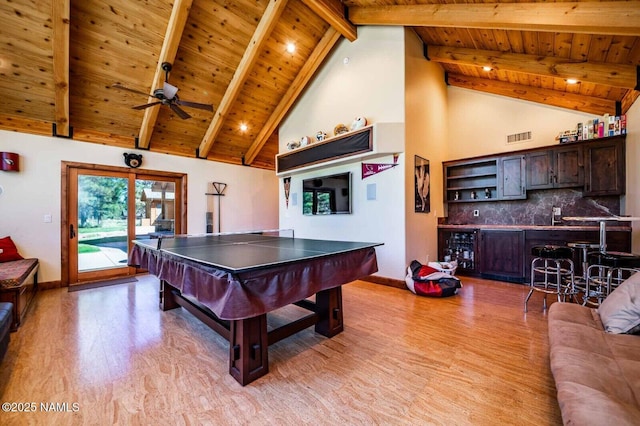9178 N Snowbowl Ranch Rd, Flagstaff, AZ 86001 - recreation room with a wood ceiling with exposed beams, light wood finished floors, pool table, high vaulted ceiling, and ceiling fan