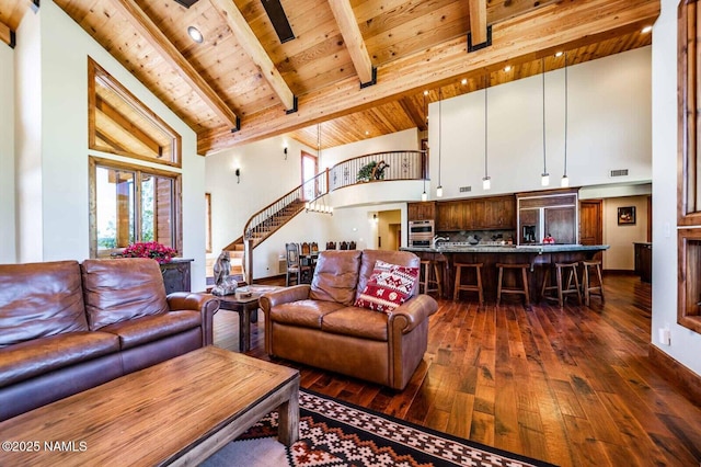 9178 N Snowbowl Ranch Rd, Flagstaff, AZ 86001 - living room featuring high vaulted ceiling, a wooden ceiling with exposed beams, dark wood-type flooring, and stairway