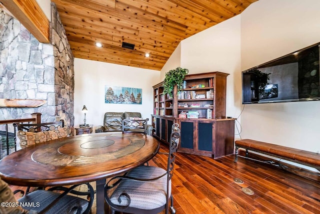 9178 N Snowbowl Ranch Rd, Flagstaff, AZ 86001 - dining room featuring wood finished floors, wood ceiling, and high vaulted ceiling