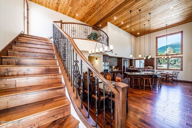 9178 N Snowbowl Ranch Rd, Flagstaff, AZ 86001 - stairs with wooden ceiling, wood-type flooring, and high vaulted ceiling