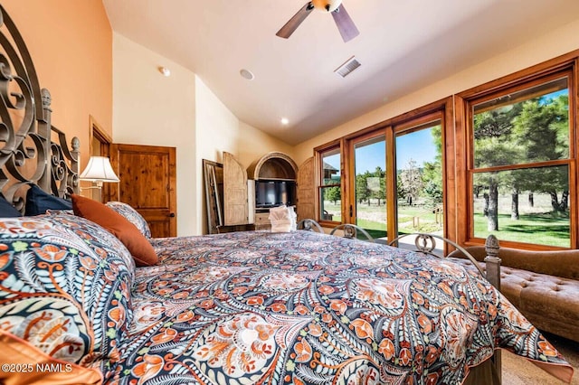 9178 N Snowbowl Ranch Rd, Flagstaff, AZ 86001 - bedroom with access to outside, multiple windows, high vaulted ceiling, and a ceiling fan