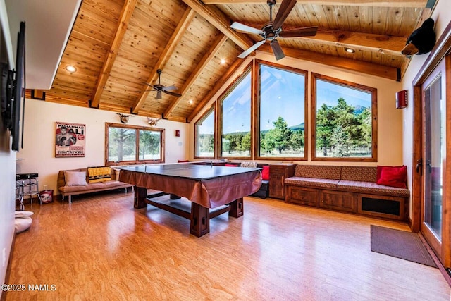 9178 N Snowbowl Ranch Rd, Flagstaff, AZ 86001 - playroom featuring wood ceiling, ceiling fan, wood finished floors, and pool table