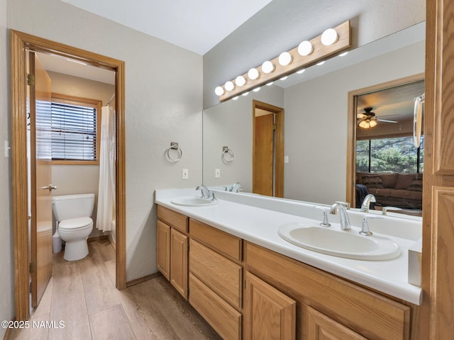 ensuite bathroom with a sink, connected bathroom, toilet, and wood finished floors