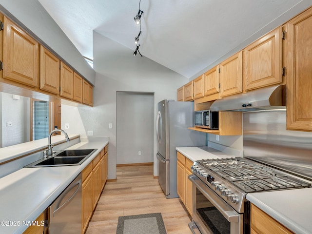 kitchen featuring light brown cabinetry, under cabinet range hood, a sink, stainless steel appliances, and lofted ceiling