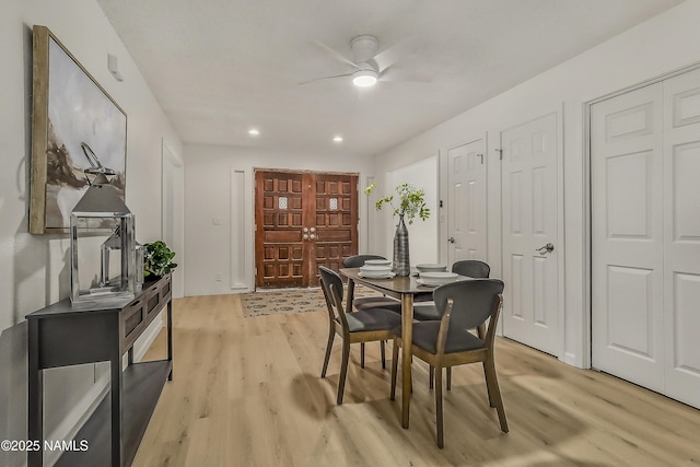 4972 E Snow Shoe Way, Flagstaff, AZ 86004 - dining space with light wood-style floors, a ceiling fan, and recessed lighting
