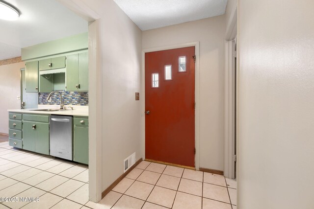1707 N Fort Valley Rd, Flagstaff, AZ 86001 - kitchen with backsplash, green cabinetry, visible vents, stainless steel dishwasher, and a sink