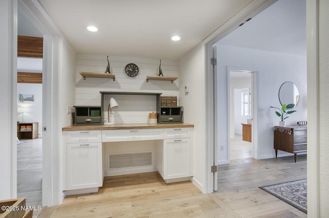 1750 E Mallory St, Mesa, AZ 85203 - kitchen featuring open shelves, wooden counters, white cabinets, light wood-style floors, and recessed lighting