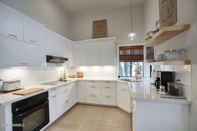 1750 E Mallory St, Mesa, AZ 85203 - kitchen with black appliances, open shelves, white cabinets, and backsplash