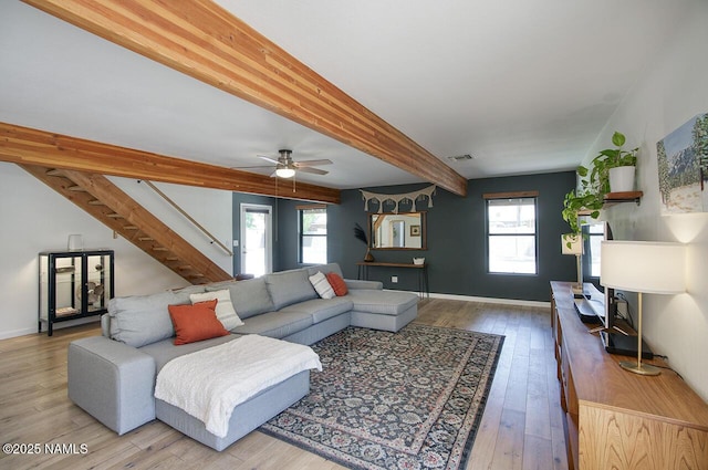 1750 E Mallory St, Mesa, AZ 85203 - living area with stairway, wood-type flooring, beamed ceiling, and ceiling fan