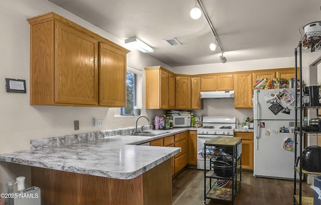3366 Toho Trl, Flagstaff, AZ 86005 - kitchen featuring a sink, a peninsula, white appliances, visible vents, and under cabinet range hood