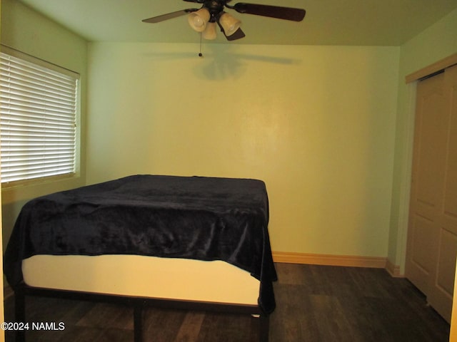 bedroom featuring ceiling fan and dark hardwood / wood-style floors