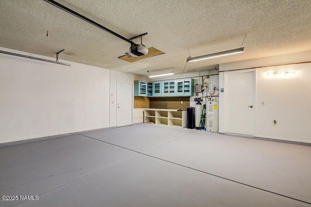 garage with a garage door opener and water heater