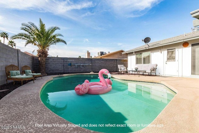 view of pool featuring a fenced in pool, a patio, and a fenced backyard