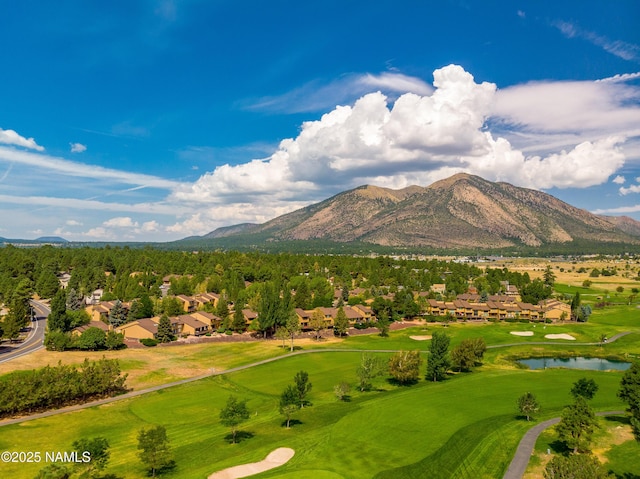 mountain view featuring a water view, a residential view, and golf course view