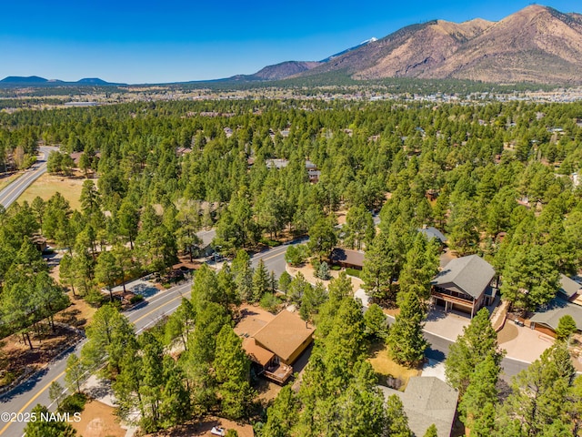 aerial view featuring a mountain view and a wooded view
