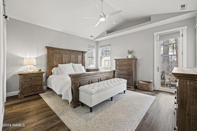 bedroom featuring ceiling fan, access to exterior, vaulted ceiling, and dark wood-type flooring