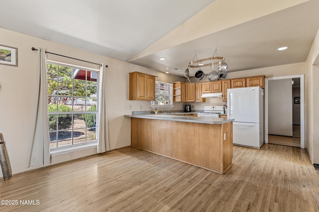 11095 N Rodeo Rd, Flagstaff, AZ 86004 - kitchen with under cabinet range hood, white appliances, light wood-style flooring, and a peninsula