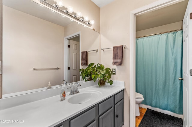 11095 N Rodeo Rd, Flagstaff, AZ 86004 - bathroom with a shower with shower curtain, vanity, and toilet