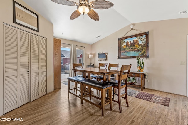 11095 N Rodeo Rd, Flagstaff, AZ 86004 - dining space featuring visible vents, vaulted ceiling, wood finished floors, and ceiling fan
