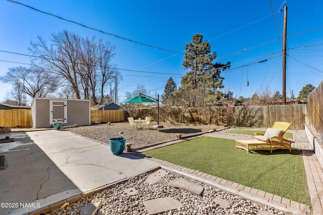 view of yard with a patio area and a storage shed