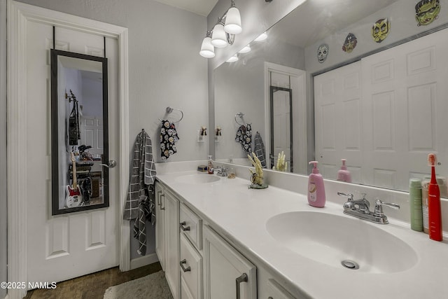 bathroom with wood finished floors, double vanity, and a sink