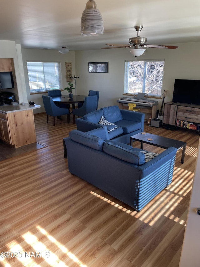 living room with wood-type flooring, plenty of natural light, and ceiling fan