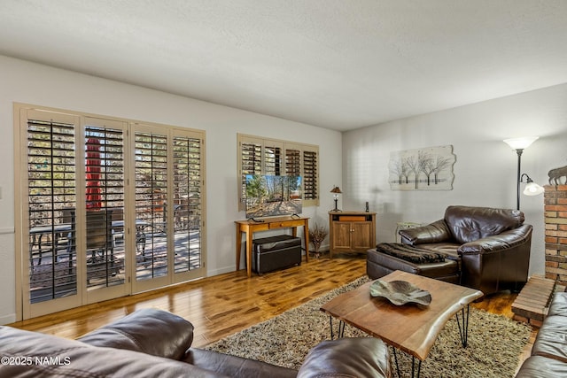 living room featuring wood finished floors, baseboards, and a textured ceiling