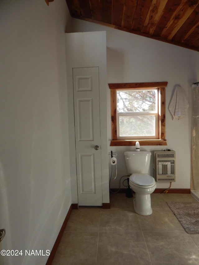 bathroom with tile patterned flooring, vaulted ceiling, wooden ceiling, toilet, and heating unit