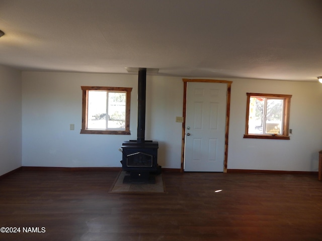 foyer featuring a wood stove, dark wood-type flooring, and a wealth of natural light