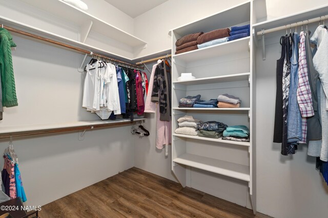 walk in closet with dark hardwood / wood-style flooring