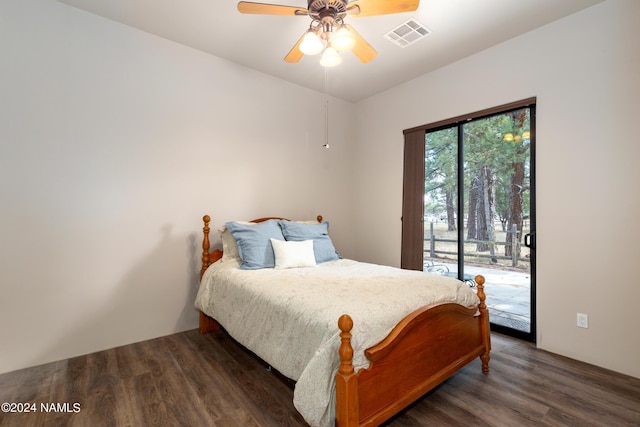 bedroom with ceiling fan, dark hardwood / wood-style floors, and access to outside