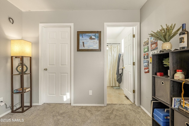 bedroom with light colored carpet