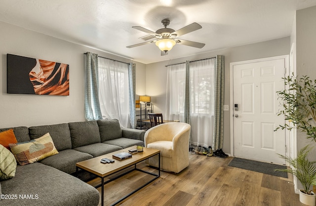 living room with hardwood / wood-style flooring and ceiling fan