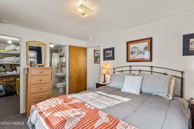 carpeted bedroom with ensuite bathroom and ornamental molding