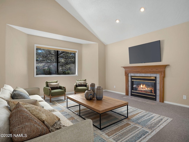 3792 E Ramble Wood Dr, Flagstaff, AZ 86004 - living room featuring a tiled fireplace, light carpet, baseboards, and recessed lighting